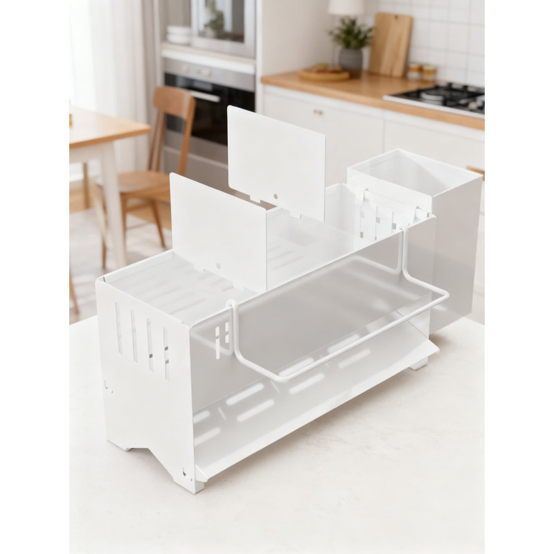 Organisateur de bac d'évier avec système de vidange automatique, éponge antirouille et porte-brosse pour un rangement de comptoir de cuisine peu encombrant