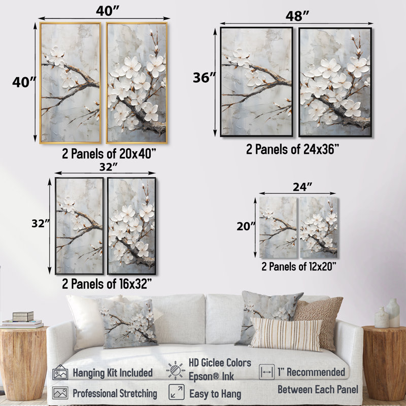 Fleur de cerisier blanc et gris minimaliste, 36" H x 48" W, Impression encadrée flottante, Silver