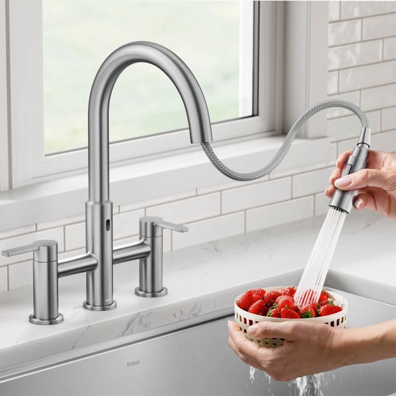 KRAUS Oletto Touchless Sensor Bridge Kitchen Faucet With Pull-Down Sprayhead, Stainless Steel