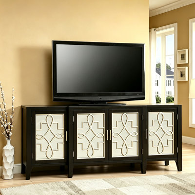 Black TV Stand with Mirror Geometric Pattern Cabinet Doors