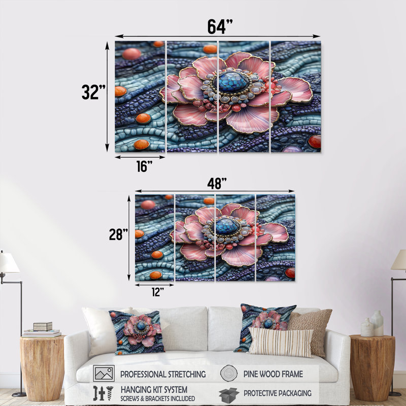 «Pink Delicate Glazes» accentué de bleu - ensemble d'art mural de poterie marocaine, H 32 po x l 64 po