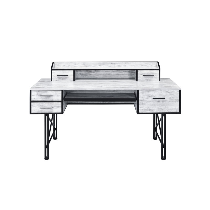 Rectangular Computer Desk With Metal Base, Antique White & Black 5 Shelf,