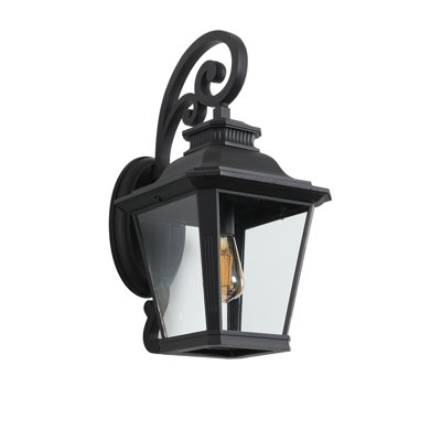 21"(H) 1-Pack Outdoor Wall Lantern Light – Vintage Black Metal & Clear Glass Sconce with Decorative Scroll Design for Porch, Patio, and Garden Lighting (Bulb Not Included)