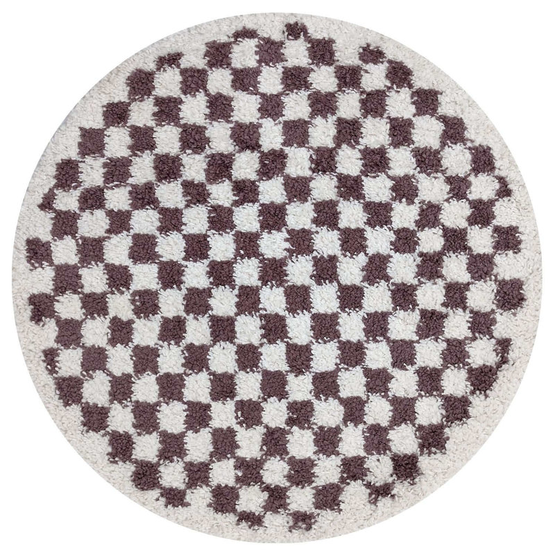 Moodi Modern Shaggy Area Rug Checkered Design, Round 120 cm, Off-White/Purple