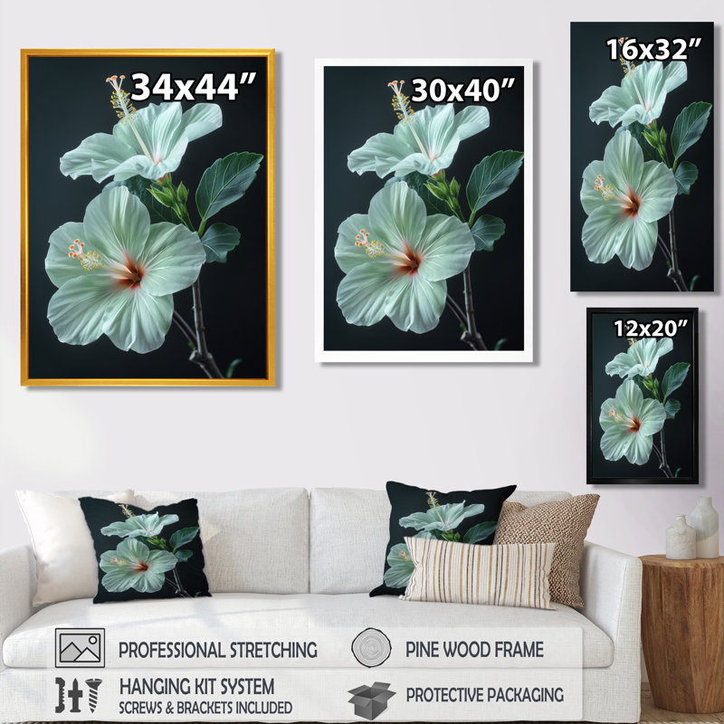 Hibiscus vert cristal II - Hibiscus, H 24 po x l 32 po, Cadre simple noir