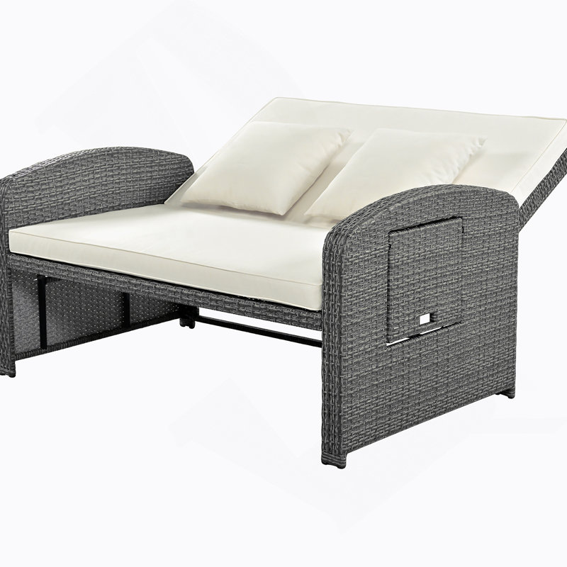 Chaise longue double en rotin PE pour 2 personnes avec dossier réglable en hauteur, Blanc, Gris