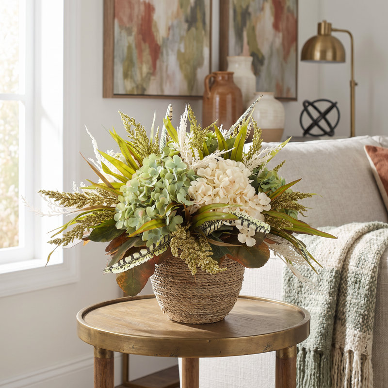 Arrangement d'automne avec des hortensias et du blé dans un pot Levope, Vert