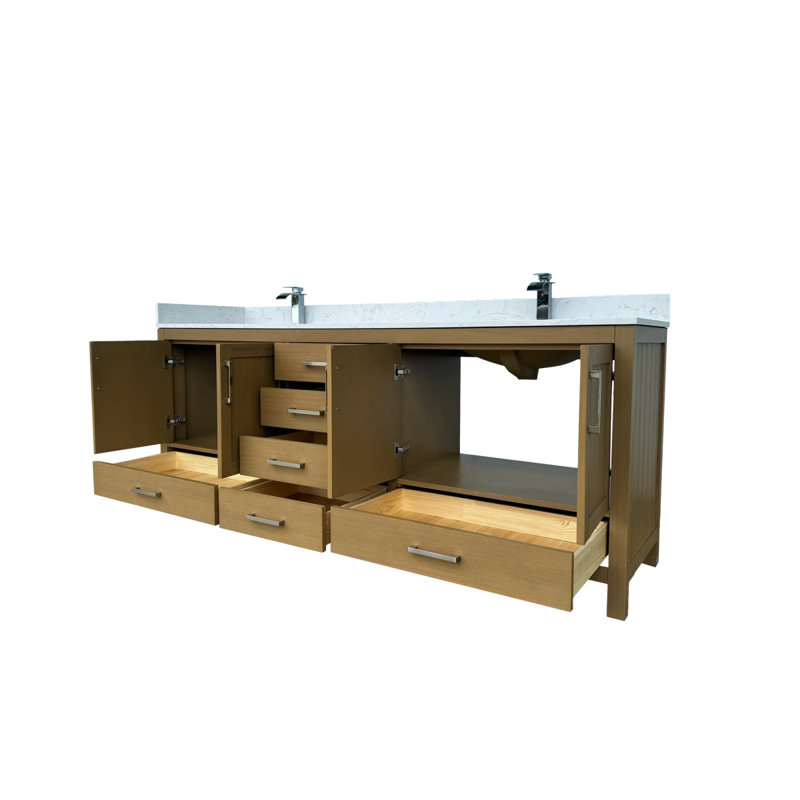 Meuble-lavabo 84 po avec lavabo à double cuve et trou pour robinet, meuble-lavabo avec 4 portes et 6 tiroirs en chêne du désert