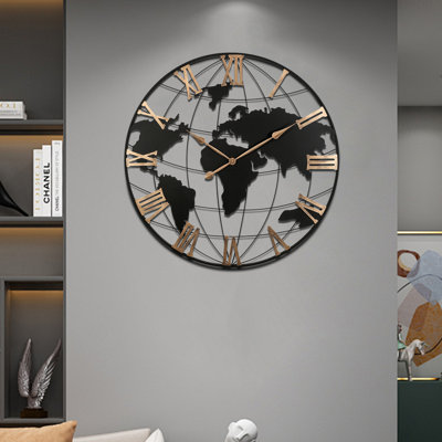​​36 Inch Extra Large World Map Wall Clock, Retro Minimalist Silent Non-ticking Battery Operated Clock For Living Room, Bedroom, Office, Kitchen, Black Roman Numerals