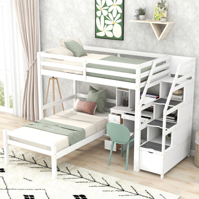 Lit mezzanine simple avec lit autonome, escalier de rangement, bureau, tablettes et tiroirs, blanc