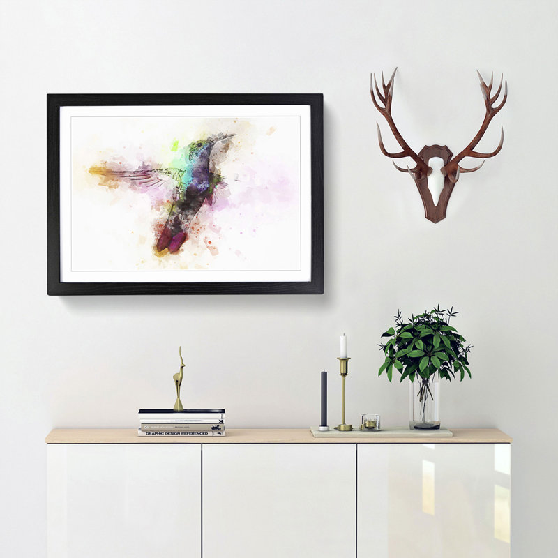 Hummingbird Paint Splash in Abstract - Picture Frame Painting Print, Black, 35cm H x 50cm W x 2cm D