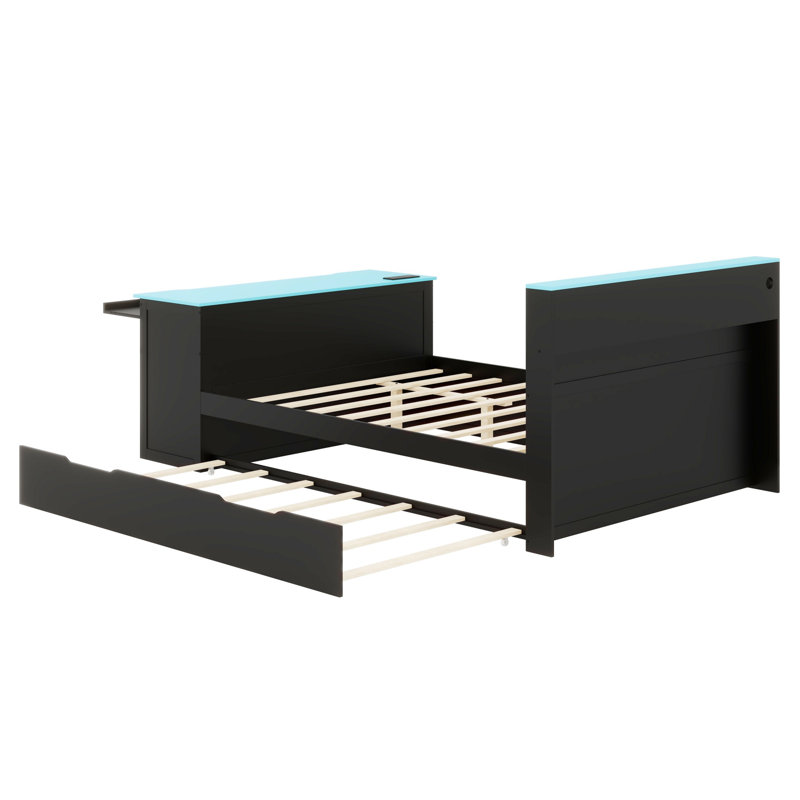 Lit de jour innovant en bois avec lit gigogne, bureau, lumière DEL et connectivité USB, Double, Noir + bleu