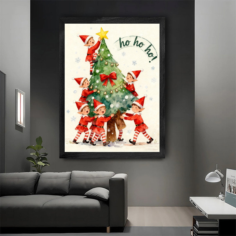 Cadre noir noir, elfes de Noël animés, reproduction de cadre aquarelle, H 37 po x l 25 po