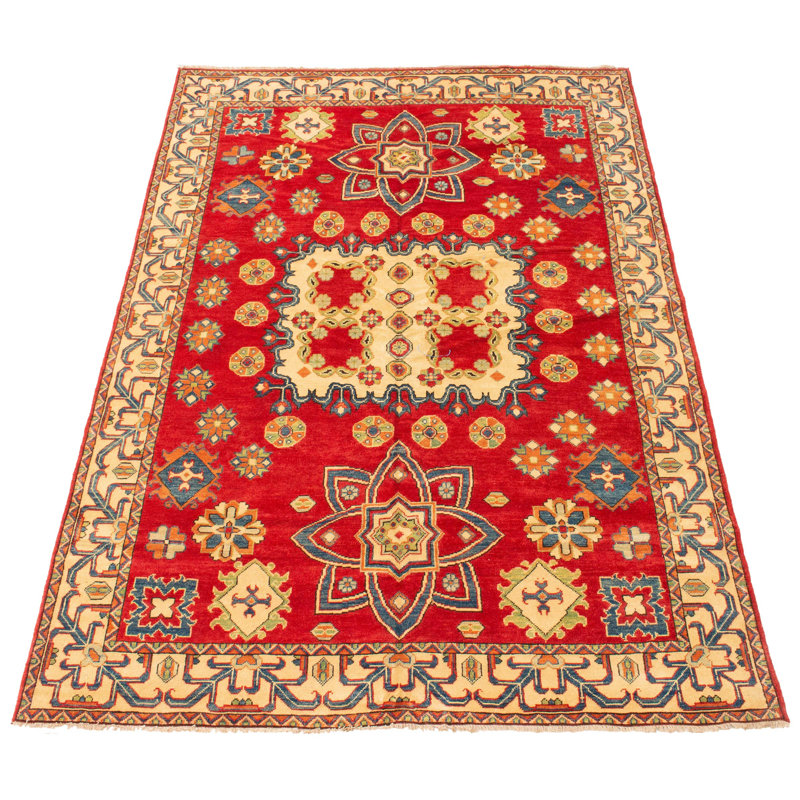 Tapis rouge en laine noué à la main de conception unique 6 pi 6 po x 9 pi 9 po Haylo