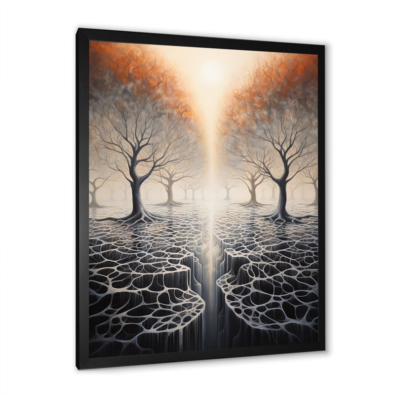 Surréalisme, arbre, racines célestes I sur toile, Cadre photo noir, H 44 po x l 34 po x P 1,5 po