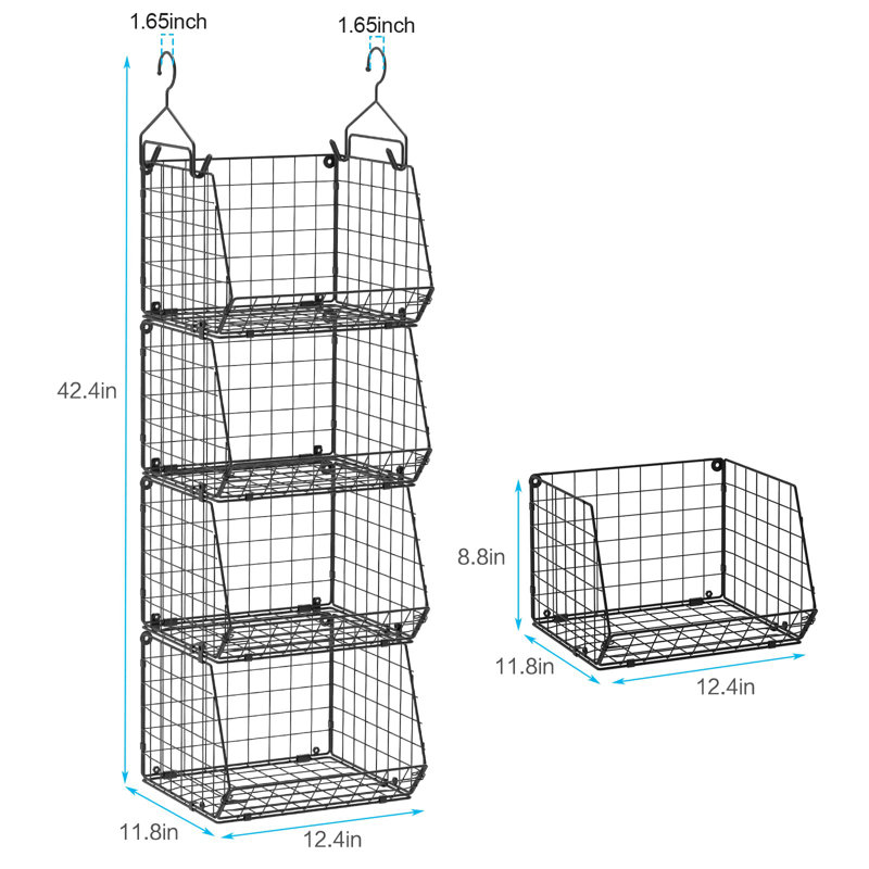 4 Tier Closet Hanging Organizer, Closet Organizers And Storage With 5 S Hooks, Closet Hanging Shelves & Freestanding Wire Storage Basket Bins, For Clothing Shoes Handbags