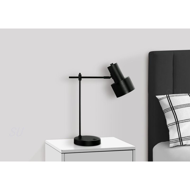 Éclairage, H 21 po, lampe de table, port USB inclus, métal noir, abat-jour noir, moderne