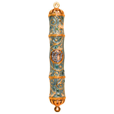 Mezouza en émail avec bijoux avec accents dorés et cristaux magnifiques, Mezouza juive avec volute pour porte, cadeau de Judaica peint à la main pour la bénédiction et la protection de la maison