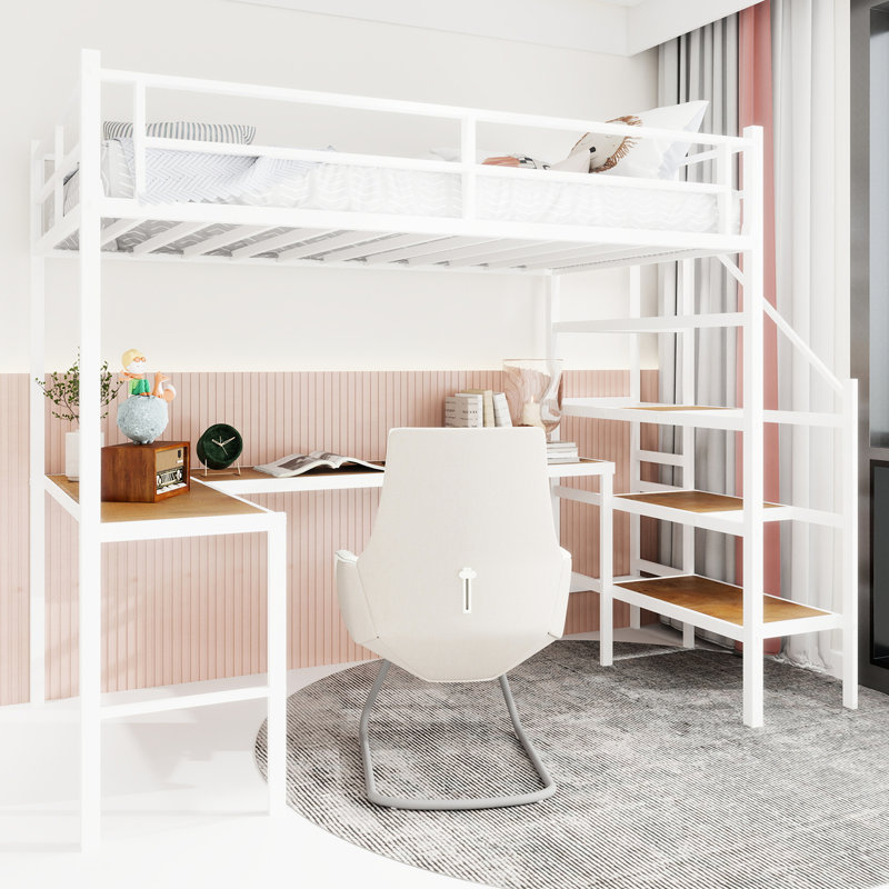 Lit mezzanine simple en fer blanc avec structure, embout, espace de travail intégré pour chambre à coucher de couleur, bureau en L, tablettes intégrées, fabrication