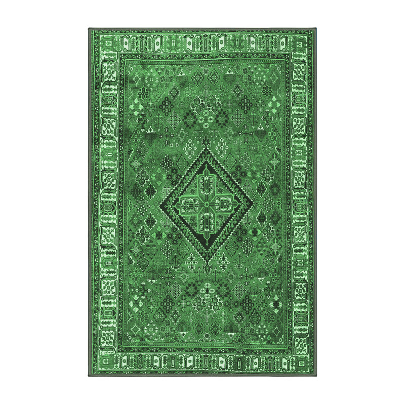 Tapis oriental en laine / polyester tissé à la machine en vert / noir, Rectangle 5 pi x 7 pi