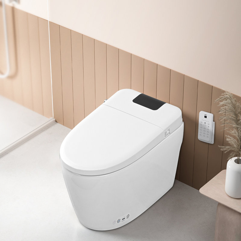 Combinaison de bidet de toilette intelligente avec couvercle / siège ouvert avec capteur de pied, affichage à DEL, buse autonettoyante, siège chauffant, veilleuse, commande à bouton, chasse d'eau en cas de panne de courant, fermeture en douceur, chasse automatique, avec télécommande