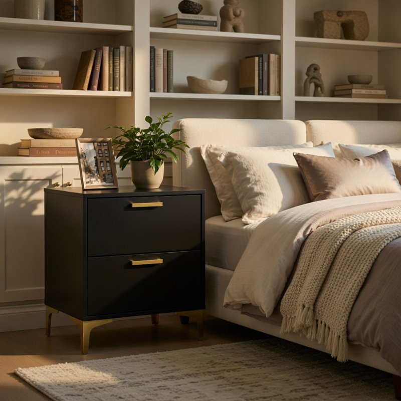Black And Gold 2-Drawer Rectangular Nightstand, Black