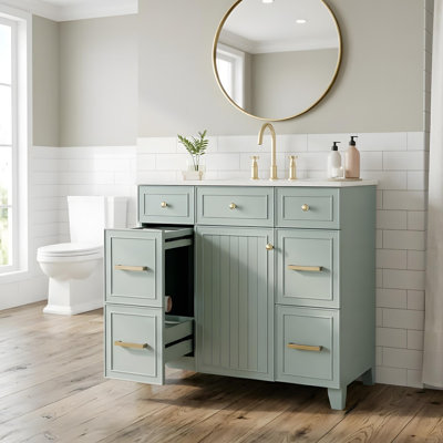 Meuble-lavabo de 36 po avec lavabo en céramique, portes à fermeture douce, tablettes réglables et 3 tiroirs
