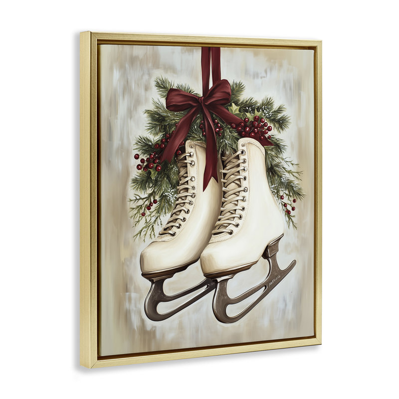 Cadre flottant Festive Ice Skates, design par Arlington Prints, H 21 po x l 17 po, Cadre flottant métallique doré