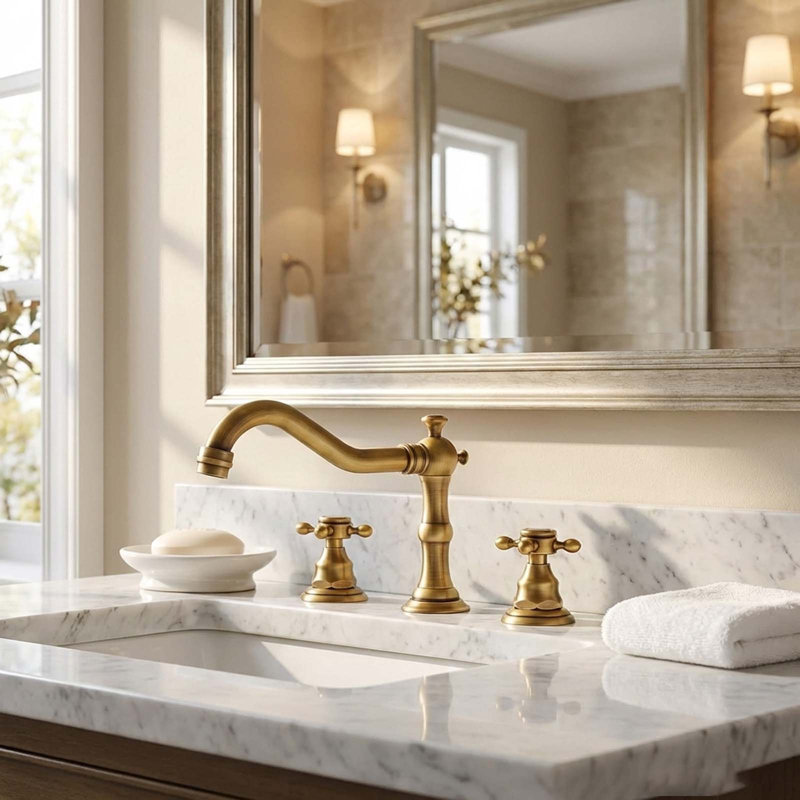 Farmhouse 8 In. Widespread Double Handle Bathroom Faucet 3-Holes With Pop-Up Drain Assembly , Antique Brass