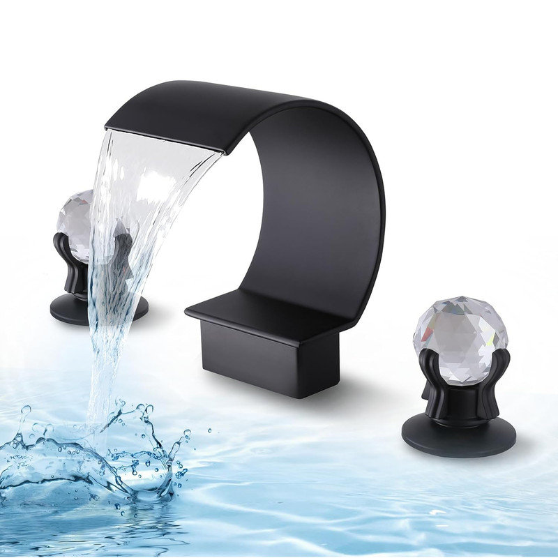 Robinet de salle de bain cascade à double trou en cristal 3 trous, Noir mat