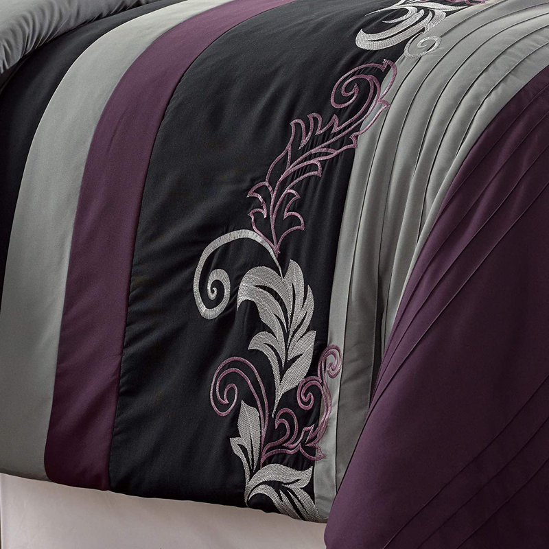 Floral Embroidered Microfiber 7 Piece Comforter Set, King Comforter + 6 Additional Pieces, Purple/Gray/Black