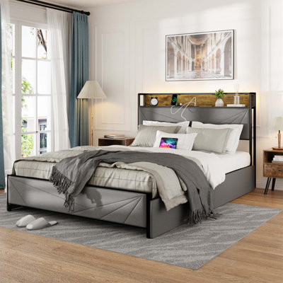 Bed Frame With 4 Storage Drawers And 2 USB Ports, Upholste Platform Bed Frame With Storage Headboard Charging Station And Metal Slat Support, No Box S -  17 Stories, 997B0D7BBA75453BBC1EE468A77C2422