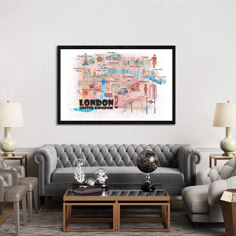 London UK Illustrated Map by Markus & Martina Bleichner - Painting on Canvas, Black Floater Framed