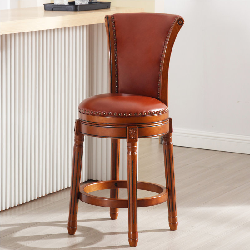 High Back Swivel Bar Stools with Full-Grain Genuine Leather Upholstered Seat & Solid Wood Footrest, Counter Bar Stool for Kitchen Island & Pub