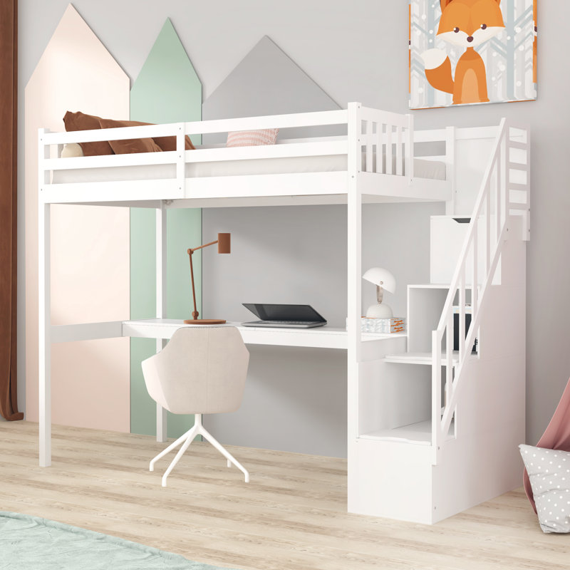 Feo Kids Twin Loft Bed with Drawers, White