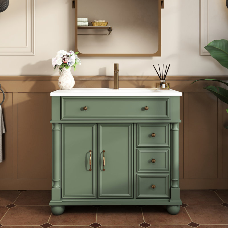 Meuble-lavabo de salle de bain de style milieu du siècle avec base à colonnes romaines, rangement haut de gamme et design étanche de style médiéval de 91 cm (36 pouces), installation facile intégrée