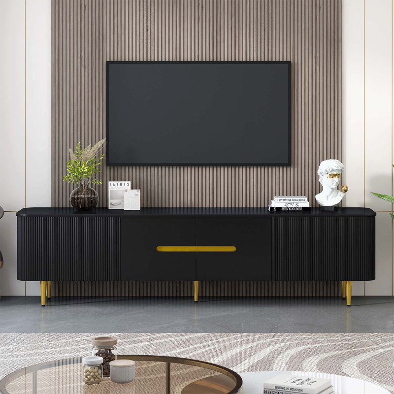 Console multimédia moderne avec 4 armoires spacieuses, Noir, Noir et or