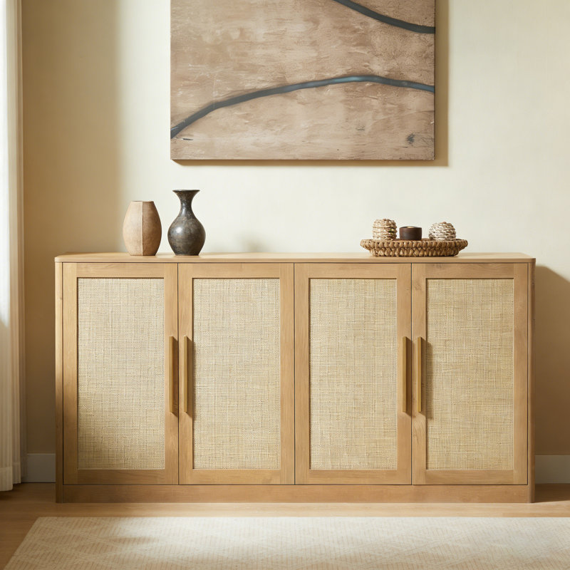 67" Rattan 4-Door Buffet Cabinet, Boho Sideboard, Large Credenza Sideboard Buffet For Living Room, Hallway And Kitchen, 67''W X 15.75''D X 31.5''H.