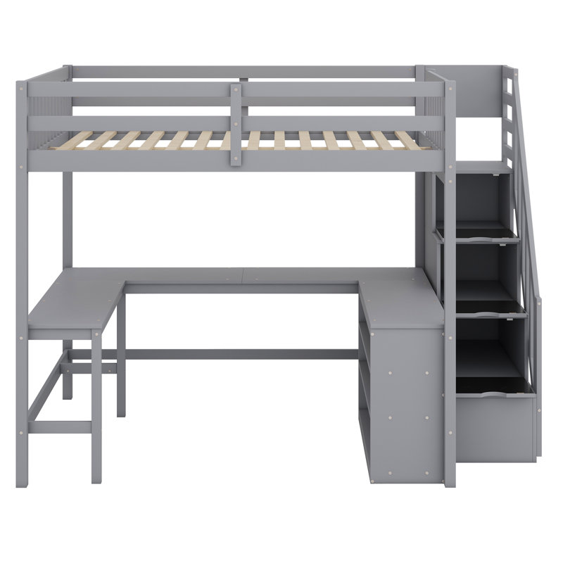 Lit mezzanine avec bureau intégré en forme de L et tablettes de rangement à trois niveaux, et escalier de rangement attaché