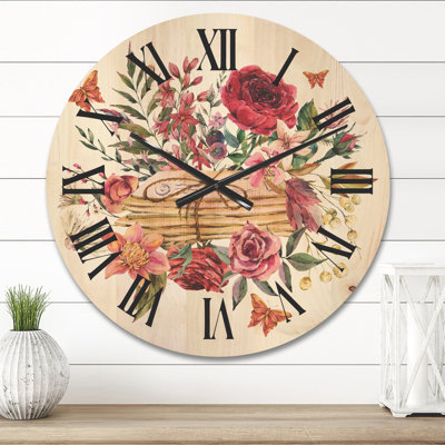 Horloge murale en bois avec lettres et fleurs sauvages