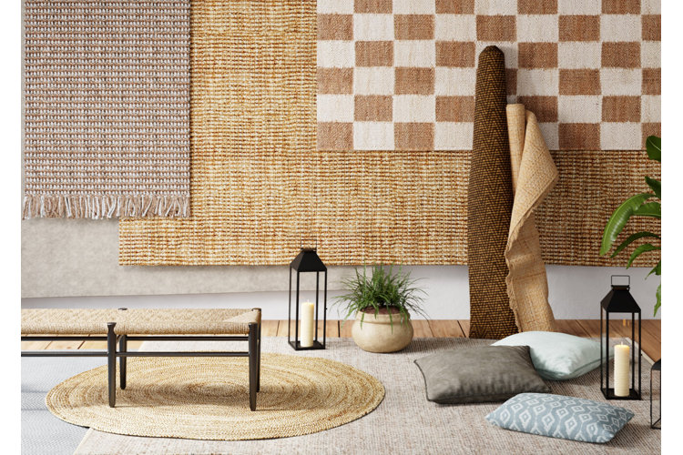 A display of jute area rugs layered on the floor, hung up on the wall, and rolled up to show variations in textures.