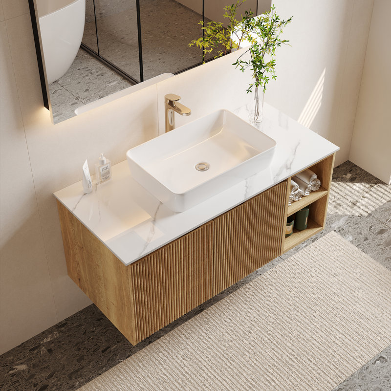 Dexheart Modern Single Bathroom Vanity with Sintered Stone Countertop, Floating Wood Vanities with Ample Storage, 30" 36" 48" for Optional