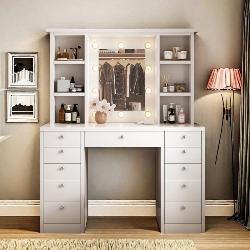 Bureau de coiffeuse spacieux avec miroir à DEL, 11 tiroirs et 3 modes d'éclairage couleur pour le maquillage et l'organisation