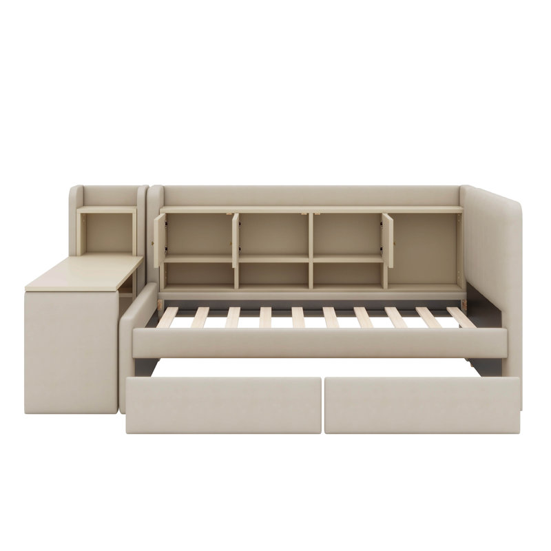 Twin-Sized Fabric-Upholstered Daybed Complete With Drawers, Shelving, Flip-Open Cabinets, And A Side Table, Beige