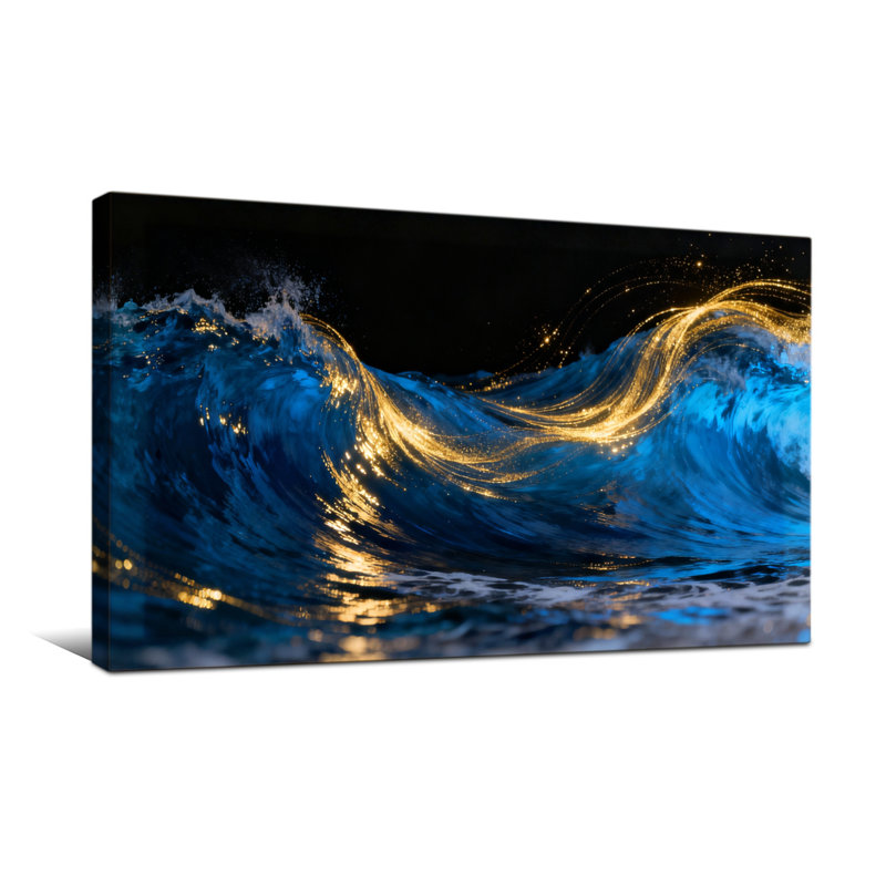 Nautique et plage, vagues dorées sur l'océan bleu foncé, H 24 po x l 48 po
