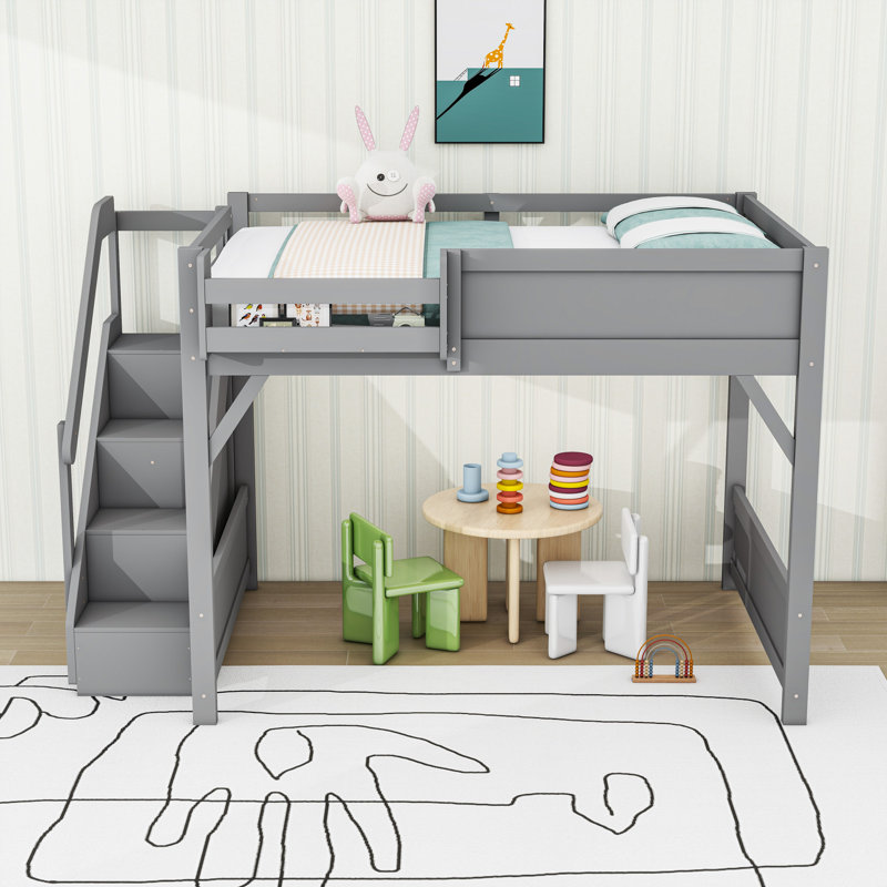 Lit mezzanine avec garde-robe intégré et tablettes de rangement, Gris, Lit double