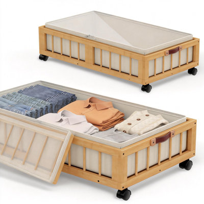 Contenants de rangement en bambou sous le lit avec roulettes, panier de rangement sous le lit avec grand sac à poussière, rangement sous le lit, paquet de 2 (nature)