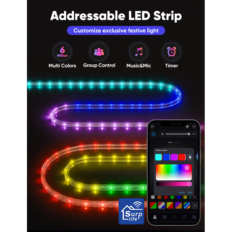 16ft RGB+IC Smart Outdoor Led Strip Lights Music Sync , 196.8" W
