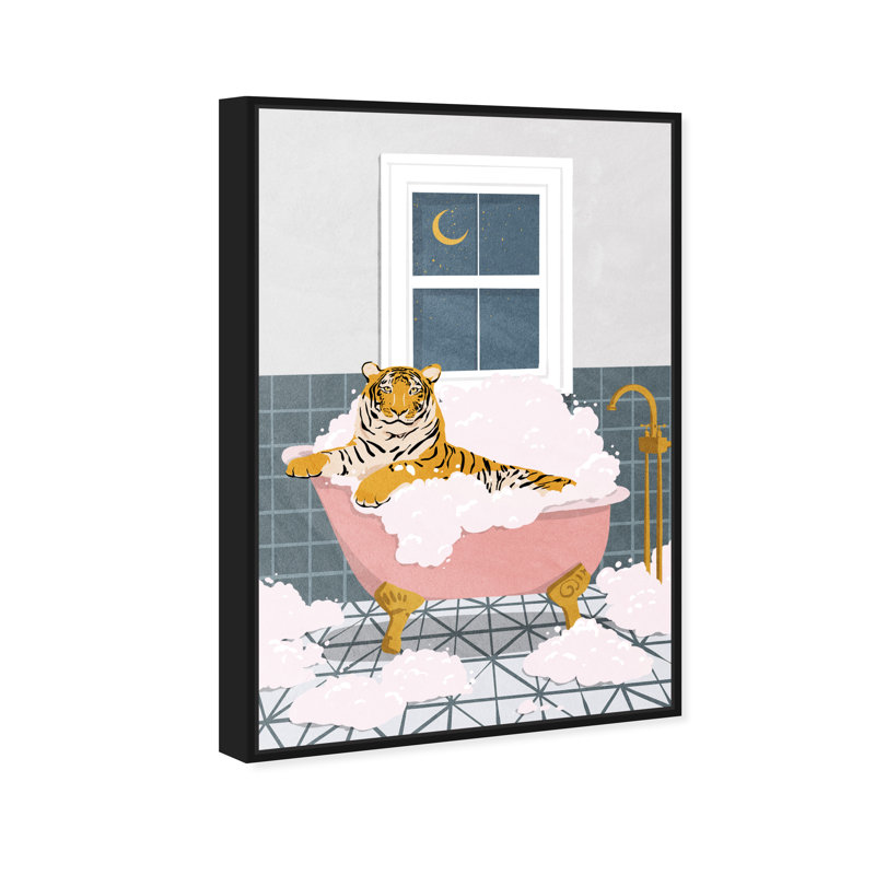 Bath Bath Tiger - peinture à cadre flottant sur toile, H 24 po x l 16 po, Cadre noir