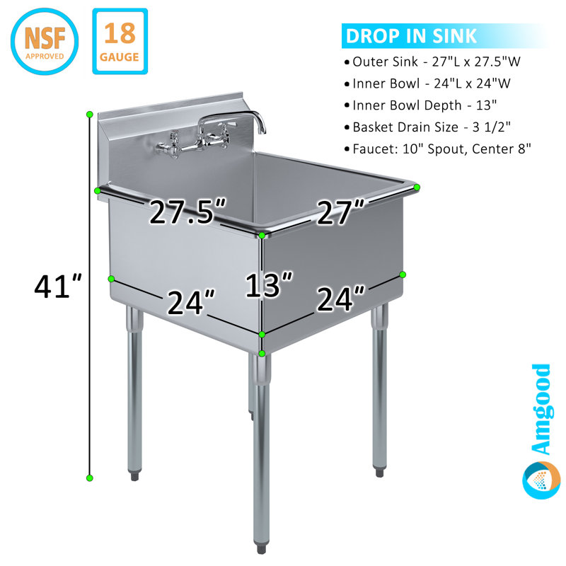 Évier utilitaire en acier inoxydable 27 po x 27 1/2 po avec robinet. Bol 24 po x 24 po x 13 po